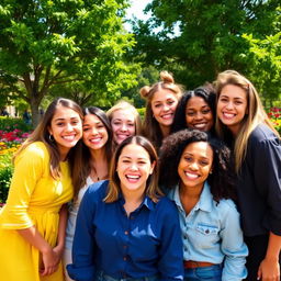 A joyful group of friends smiling and posing together in a vibrant outdoor setting, surrounded by lush green trees and colorful flowers