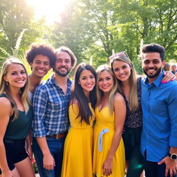 A joyful group of friends smiling and posing together in a vibrant outdoor setting, surrounded by lush green trees and colorful flowers