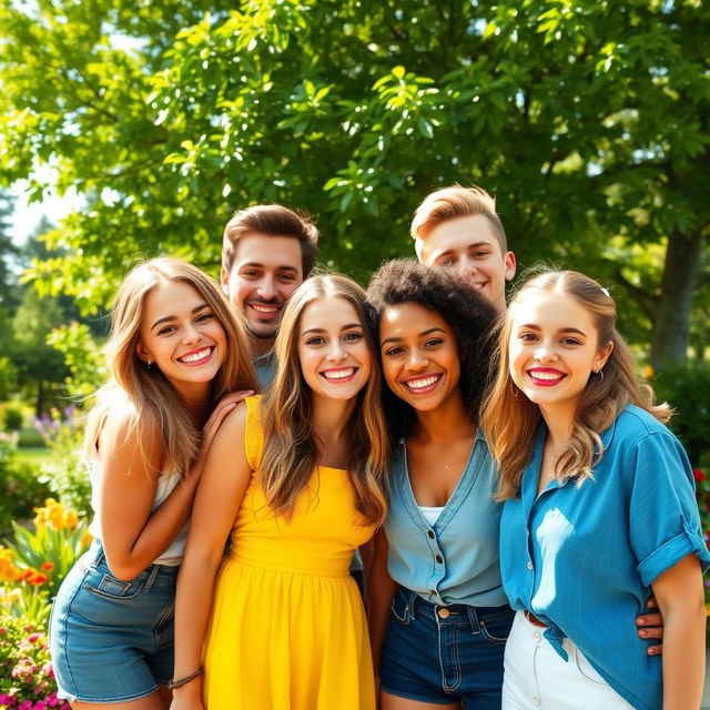 A joyful group of friends smiling and posing together in a vibrant outdoor setting, surrounded by lush green trees and colorful flowers