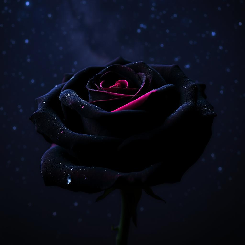 A beautiful black rose with fuchsia highlights, set against a starry night background