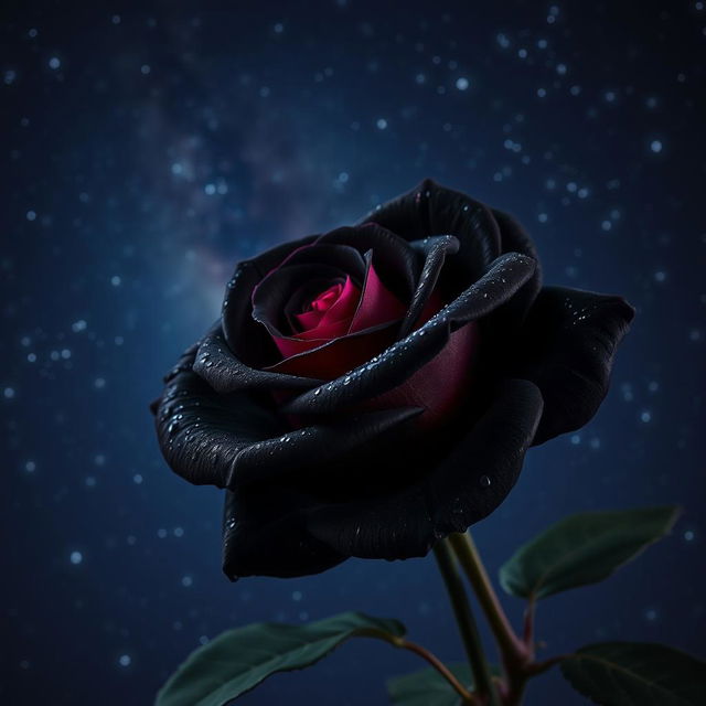 A beautiful black rose with fuchsia highlights, set against a starry night background