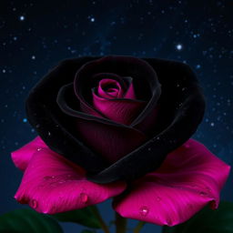 A beautiful black rose with fuchsia highlights, set against a starry night background