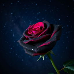 A beautiful black rose with fuchsia highlights, set against a starry night background