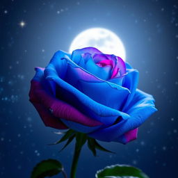 A beautiful electric blue rose with fuchsia highlights set against a starry night sky