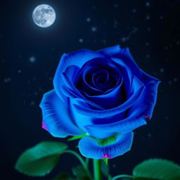 A beautiful electric blue rose with fuchsia highlights set against a starry night sky