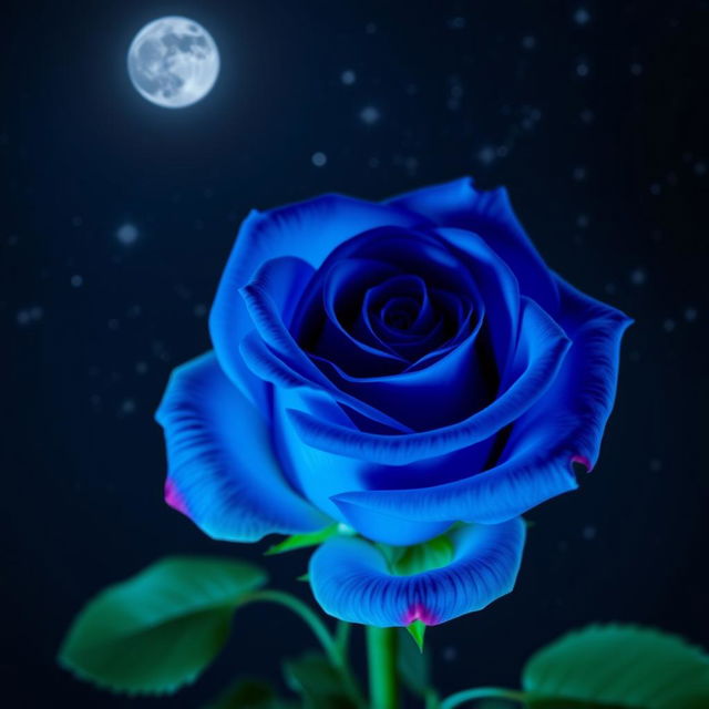 A beautiful electric blue rose with fuchsia highlights set against a starry night sky