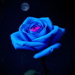 A beautiful electric blue rose with fuchsia highlights set against a starry night sky
