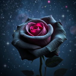 A stunning dark gray rose with fuchsia highlights, set against a beautiful starry night sky