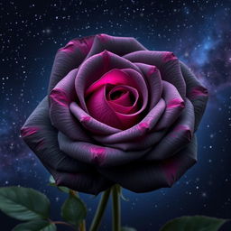 A stunning dark gray rose with fuchsia highlights, set against a beautiful starry night sky