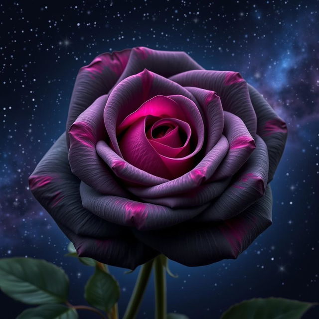 A stunning dark gray rose with fuchsia highlights, set against a beautiful starry night sky