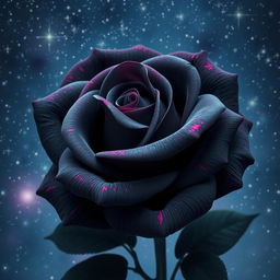 A stunning dark gray rose with fuchsia highlights, set against a beautiful starry night sky