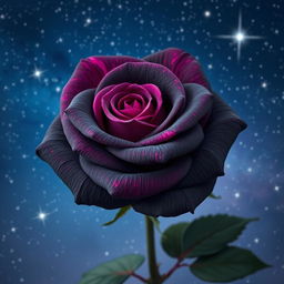 A stunning dark gray rose with fuchsia highlights, set against a beautiful starry night sky