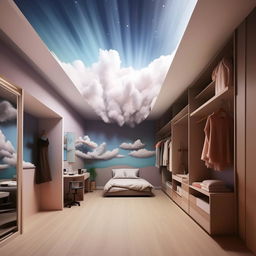 Create a large room with a cloud-painted ceiling. Feature a bed hanging in the middle of one wall, nearby a massive mirror and extensive wardrobe full of compartments. The floor is soft mat, with a wall waterfall facing the bed. One wall is left empty with a gradient of light to dark shades. Include a large study table and wall shelves.