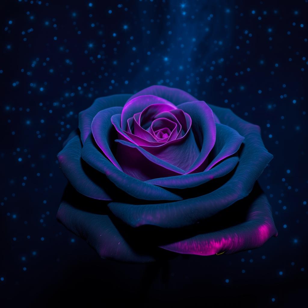 A beautiful dark gray rose with fuchsia highlights, set against a starry night sky