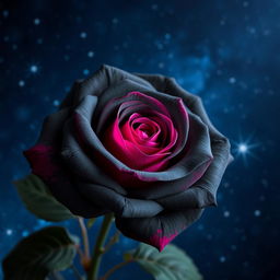 A beautiful dark gray rose with fuchsia highlights, set against a starry night sky