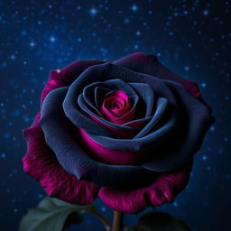 A beautiful dark gray rose with fuchsia highlights, set against a starry night sky