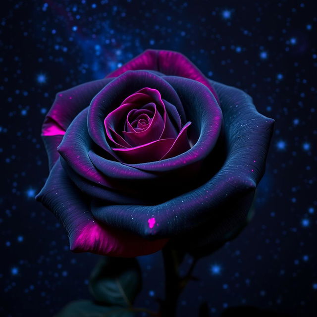 A beautiful dark gray rose with fuchsia highlights, set against a starry night sky