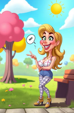 A surreal, humorous scene depicting a cartoonish bimbo character with exaggerated features, including large breasts, dressed in a playful outfit