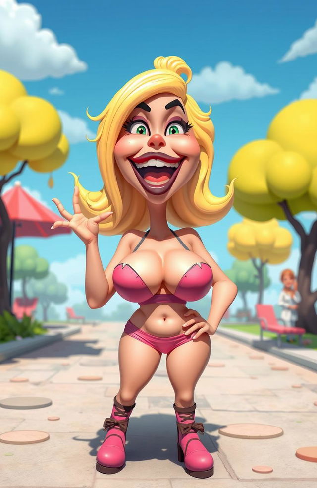 A surreal, humorous scene depicting a cartoonish bimbo character with exaggerated features, including large breasts, dressed in a playful outfit