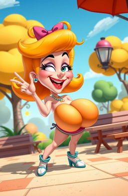 A surreal, humorous scene depicting a cartoonish bimbo character with exaggerated features, including large breasts, dressed in a playful outfit