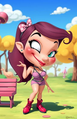 A surreal, humorous scene depicting a cartoonish bimbo character with exaggerated features, including large breasts, dressed in a playful outfit