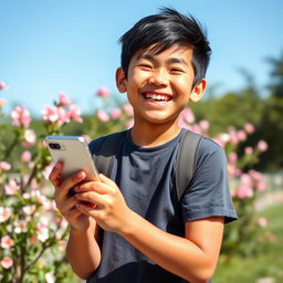 A joyful teenage boy holding a smartphone and smiling brightly, with a friendly expression