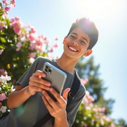 A joyful teenage boy holding a smartphone and smiling brightly, with a friendly expression