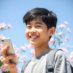 A joyful teenage boy holding a smartphone and smiling brightly, with a friendly expression