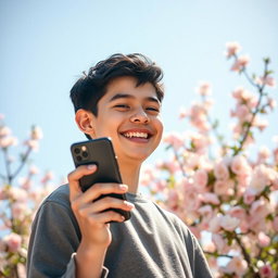 A joyful teenage boy holding a smartphone and smiling brightly, with a friendly expression