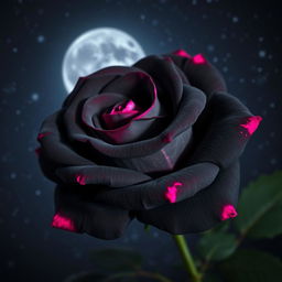 A beautiful dark gray rose with fuchsia highlights, set against a starry night sky