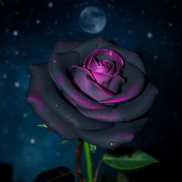 A beautiful dark gray rose with fuchsia highlights, set against a starry night sky