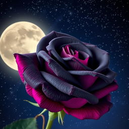 A beautiful dark gray rose with fuchsia highlights, set against a starry night sky