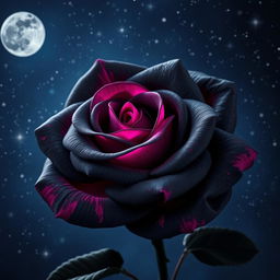 A beautiful dark gray rose with fuchsia highlights, set against a starry night sky