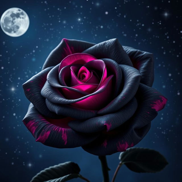 A beautiful dark gray rose with fuchsia highlights, set against a starry night sky
