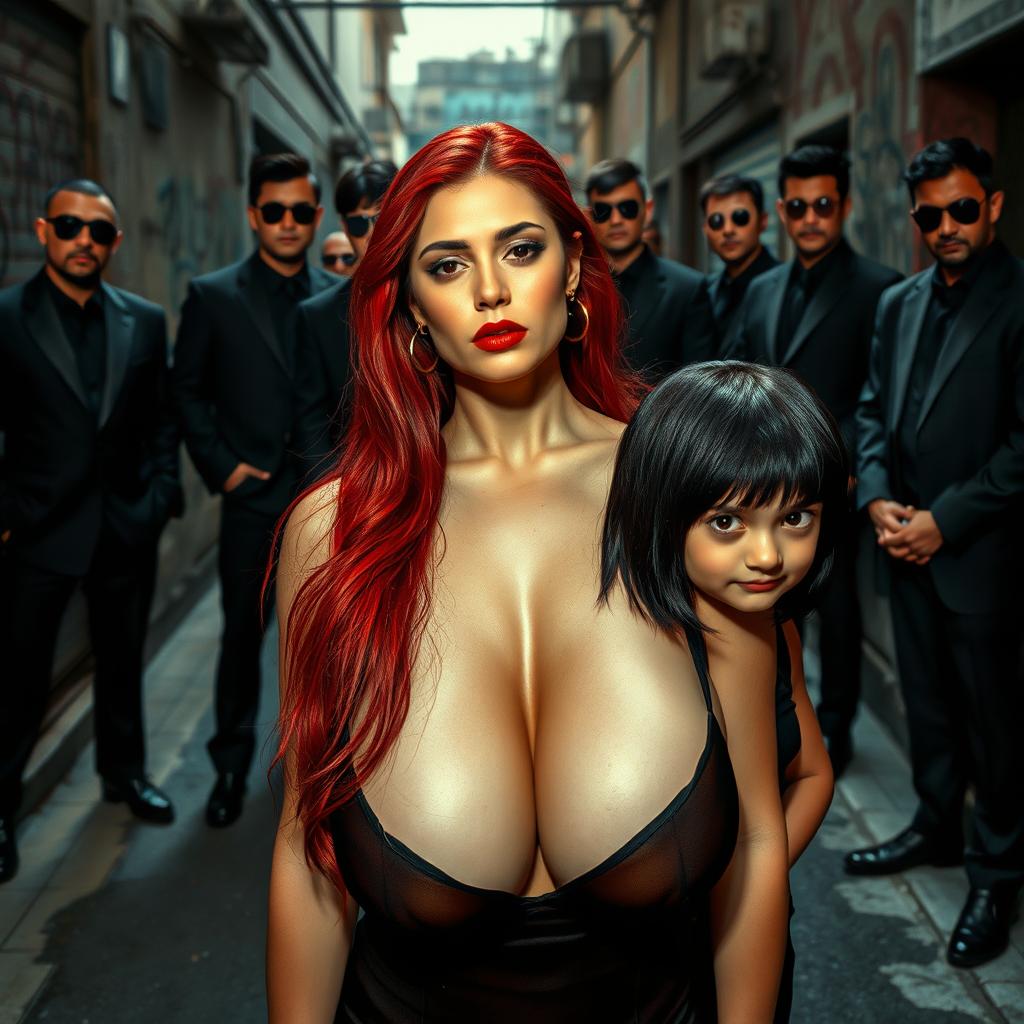 A striking scene featuring a red-haired woman with big breasts, standing confidently in the foreground
