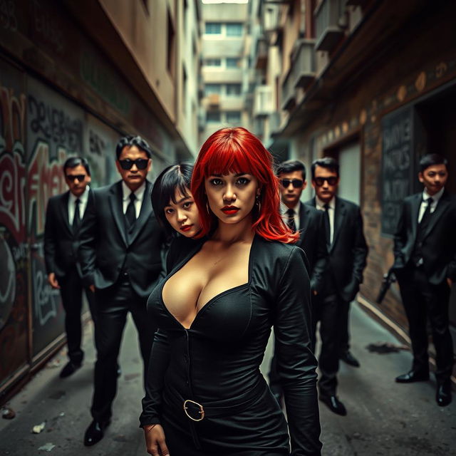 A striking scene featuring a red-haired woman with big breasts, standing confidently in the foreground