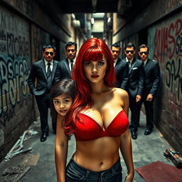 A striking scene featuring a red-haired woman with big breasts, standing confidently in the foreground