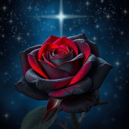 A beautiful dark gray rose with intense red hues, blooming vibrantly under a starlit night sky