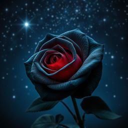 A beautiful dark gray rose with intense red hues, blooming vibrantly under a starlit night sky