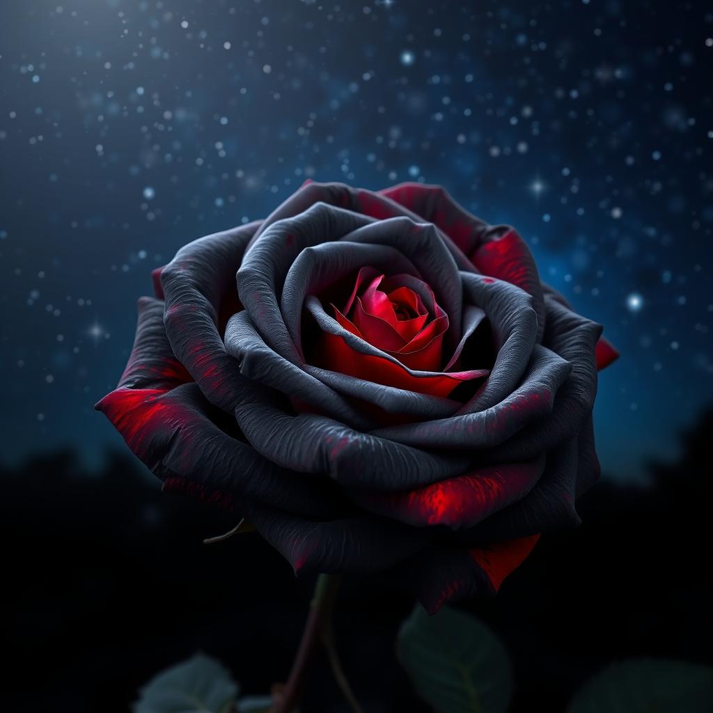 A beautiful dark gray rose with intense red hues, blooming vibrantly under a starlit night sky