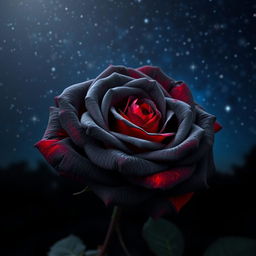 A beautiful dark gray rose with intense red hues, blooming vibrantly under a starlit night sky