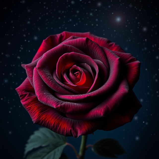 A beautiful dark gray rose with intense red hues, blooming vibrantly under a starlit night sky