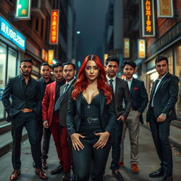 A striking image of Lauren Jauregui with vibrant red hair, standing confidently in the center, surrounded by eight Asian men who exude a strong, mafia-like presence