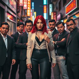 A striking image of Lauren Jauregui with vibrant red hair, standing confidently in the center, surrounded by eight Asian men who exude a strong, mafia-like presence