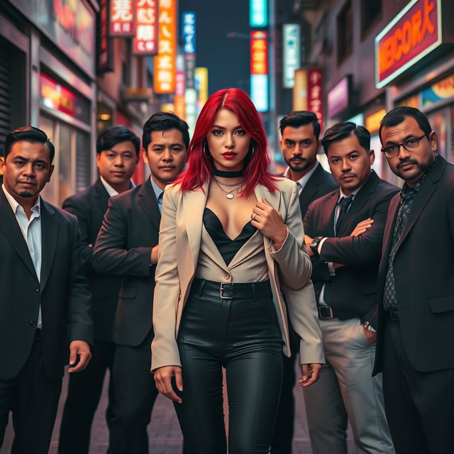 A striking image of Lauren Jauregui with vibrant red hair, standing confidently in the center, surrounded by eight Asian men who exude a strong, mafia-like presence