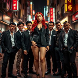A striking image of Lauren Jauregui with vibrant red hair, standing confidently in the center, surrounded by eight Asian men who exude a strong, mafia-like presence