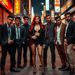 A striking image of Lauren Jauregui with vibrant red hair, standing confidently in the center, surrounded by eight Asian men who exude a strong, mafia-like presence