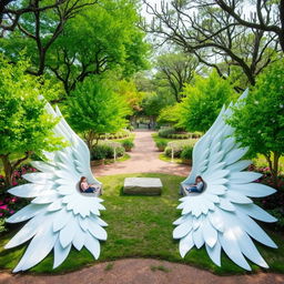 A whimsical scene featuring two large outstretched wings positioned on the ground, their beautiful feathers serving as natural seating areas for people