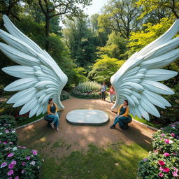 A whimsical scene featuring two large outstretched wings positioned on the ground, their beautiful feathers serving as natural seating areas for people