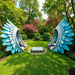 A whimsical scene featuring two large outstretched wings positioned on the ground, their beautiful feathers serving as natural seating areas for people